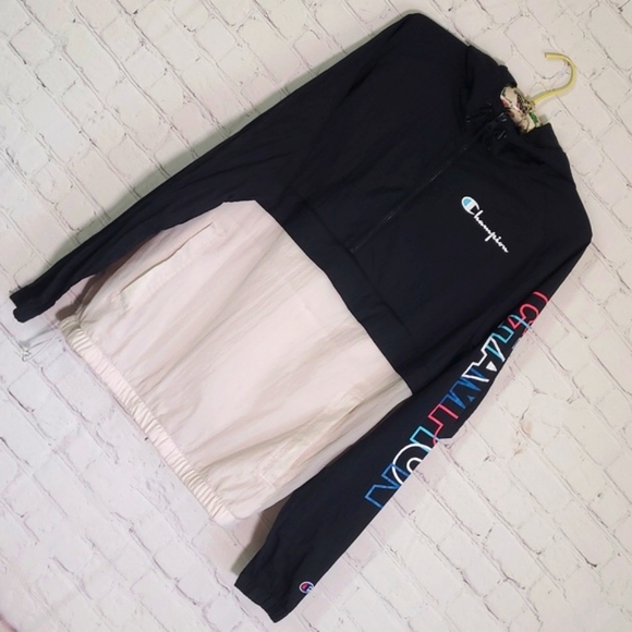 Vintage 90s Champion Spellout Logo Large Print Sleeve Windbreaker Hoodie  Size M - Picture 6 of 16